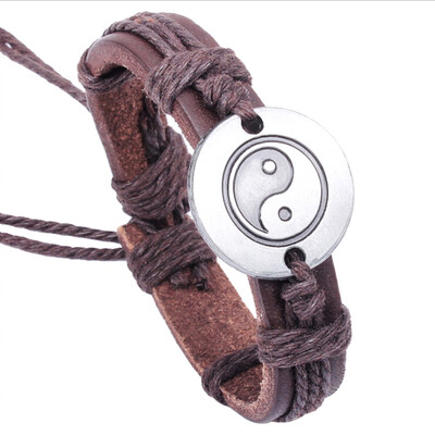 

Fashion Bracelet Ying Yang Pendant Hemp Genuine Leather Bracelet Men Women Wristband Bracelet
