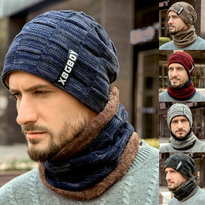 

Men Beanie Hat Scarf Neck Warmer Set Winter Knitted Thermal Thicken Ski Cap