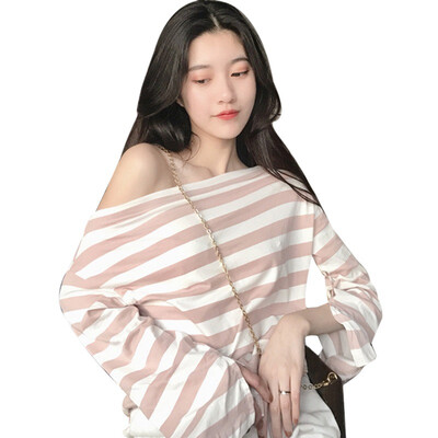 

wild womens sexy strapless striped print long-sleeved casual T-shirt