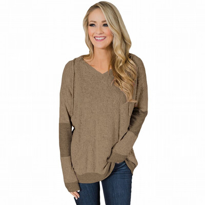 

Loose bottoming shirt womens T-shirt V-neck long-sleeved hooded hood
