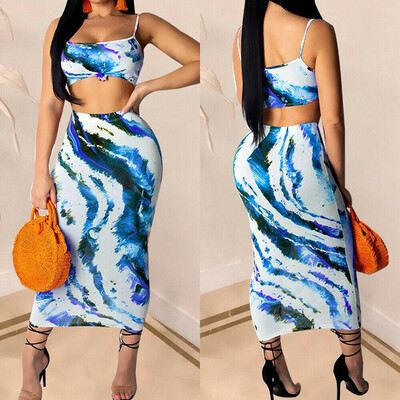 

Womens Tie Dye Knotted Crop Top & Sllinky Skirt Set Ladies Dresses Sundress