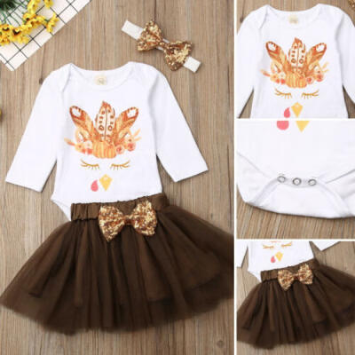 

US My 1st Thanksgiving Newborn Baby Girl Clothes Romper Bownknot Skirt Outfit