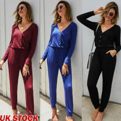 

UK Womens Party Split Jumpsuit Ladies Evening Loose Solid Playsuit Long Pants