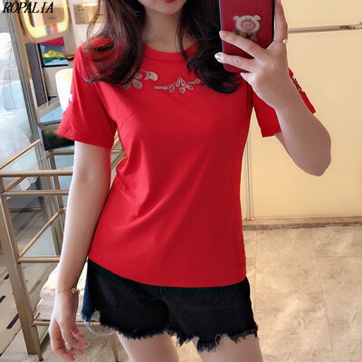 

Womens Round Neck Mesh Floral Embroidery Short Sleeve Hollow Out Slim Basic T-Shirt