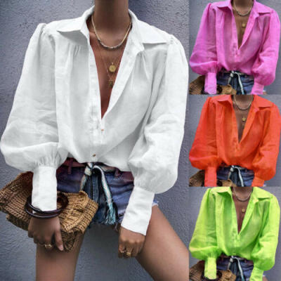 

UK Womens V Neck Long Sleeve Loose Solid Shirt Ladies Front Button Blouses Tops