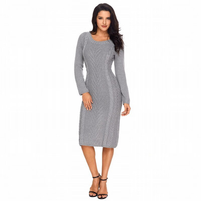 

Round neck long sleeve bottoming casual knit sweater long dress womens