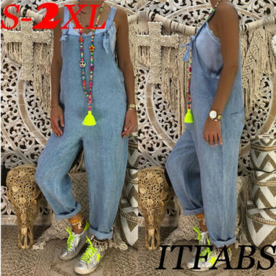 

Women Plus Jeans Denim Overalls Jumpsuit Bib Trousers Dungarees Wide Leg Pants