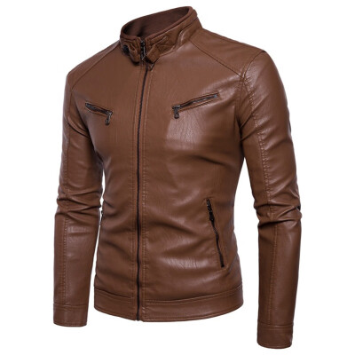 

Toponeto Mens Autumn Winter Long-sleeved Leather Motorcycle Jacket Zipper Coat