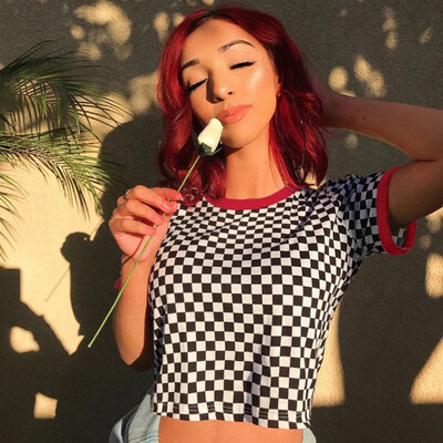 

Summer Womens Black And White Checkerboard Check Print Short-sleeved T-shirt Slim Shirt