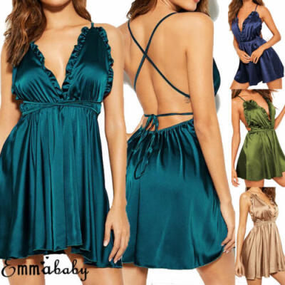 

US Women V-neck Satin Silk Lace Lingerie Pajama Night Dress Nightgown Sleepwear