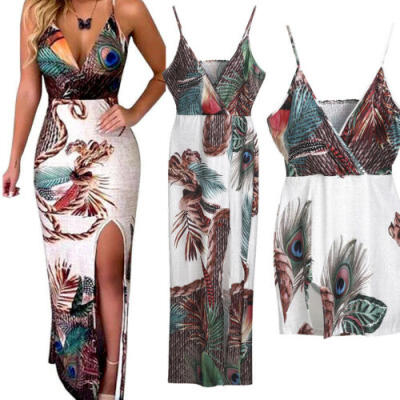 

Women Sleeveless Peacock Print Long Maxi Mini Dress Bodycon Summer Beach Dresses