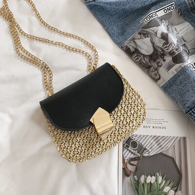 

2019 new simple contrast color woven bag fashion casual wild shoulder bag female Sen temperament chain Messenger bag