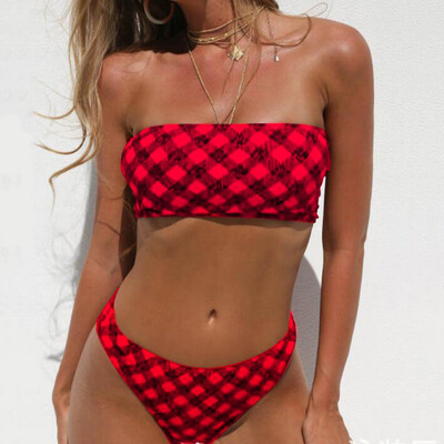 

Roseonmyhand Women Swimwear Beachwear Plaid Printed 2 Pieces Bikini Swimsuit Bathing Suit
