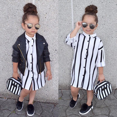 

Striped Toddler Girls Kid Dress Casual Long Sleeve Buttons Shirt Dresses Clothes