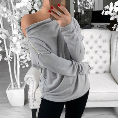 

Womens wild sexy One Word collar off-shoulder long-sleeved T-shirt loose solid color T-shirt Collar loose zip top T-shirt