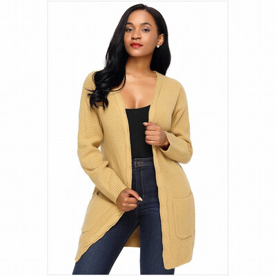

Cardigan long-sleeved side pocket ribbed knit casual long sweater