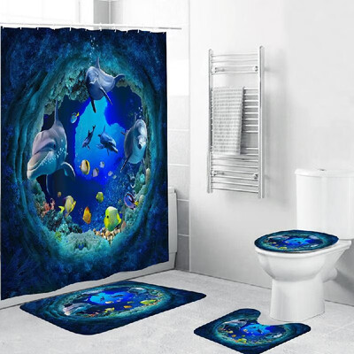 

4 Piece Bathroom Decoration Waterproof Shower Curtain Base Carpet Cover Toilet Seat Cushion Non-slip Bath Mat Set