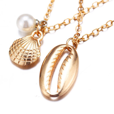 

Bohemian conch necklace alloy sweater chain long shell horns scallop pendant multi-layer necklace