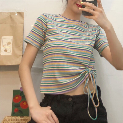 

Novel Design Drawstring Womens T-Shirt Summer Fashion O Neck Striped Short Sleeve T Shirt Sexy Knitted Slim Pullover Tee Tops