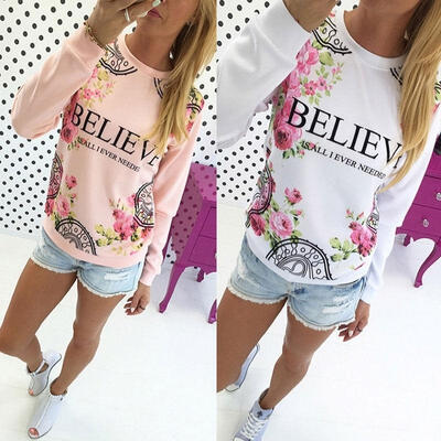 

Fashion Women Long Sleeve Loose T Shirt Tops Pullover Top Blouse Flower Print