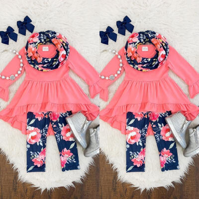 

Kids Baby Girls Clothes Outfit Ruffle Tops DressFloral PantsScarf Scarf