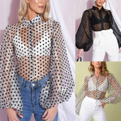 

US Women See-through Blouse Polka Dot Sheer Long Puff Sleeve Tops Club T Shirts