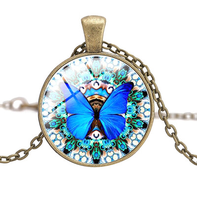 

Retro Mandala Flower Butterfly Pattern Necklace Gemstone Cabochon Chain Necklace