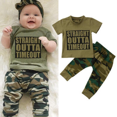 

Fashion Toddler Kids Baby Boy Girl Straight Outta Timeout T-shirt Camo Pants Outfits Set Clothes