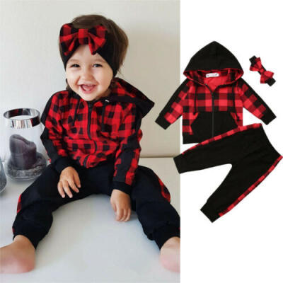 

Toddler Baby Girls Long Sleeve Plaid Zipper Coat Jacket Pants Headband Outfits