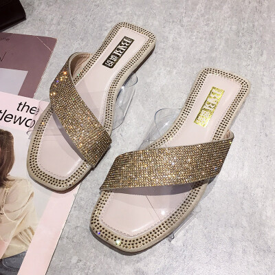 

Ins sandals for women wearing summer Korean version Water Diamond Fashion Baitao flat-bottomed beach slippers