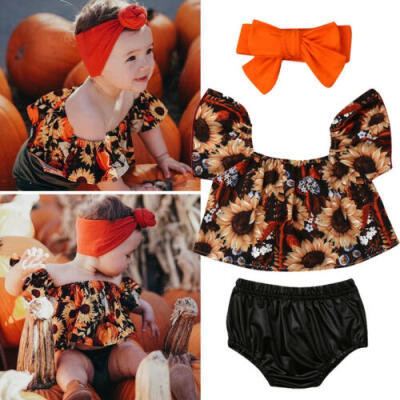 

US Toddler Baby Girls Off Shoulder Tops ShirtLeather Shorts Floral Outfits Sets