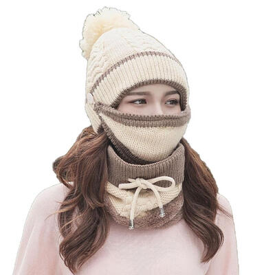 

Three-Piece Fashion Thicken Woolen Women Winter Beanie Neck Scarf with Mask