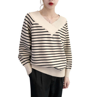 

Loose Women Knit Sweater Fashion Stripes Base Shirt Long Sleeves Tops