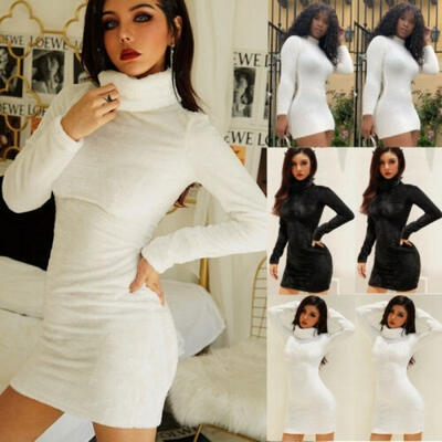 

Women Bandage Bodycon Fleece Long Sleeve Sweater Dress Evening Party Cocktail Club Mini Dress