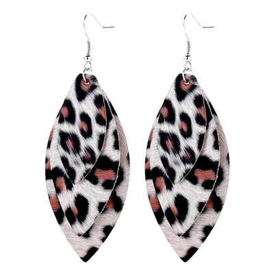 

Women Leopard Triple Layer Leaf Shape Faux Leather Long Dangle Hook Earrings