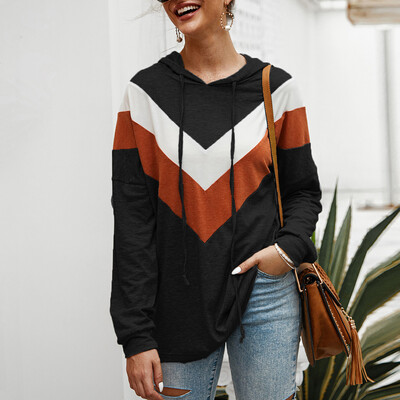 

Tailored Women Casual Stripe Patchwork Long Sleeve Pullover Hooded Sweater Top Blouse
