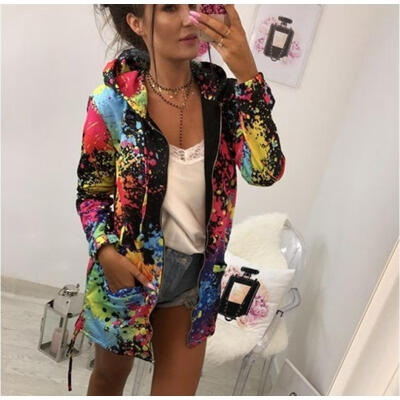 

Fashion Multicolor Printing Long Sleeve Women Hooded Hoodies Parka Jacket Coat Outwear Overcoat 2Colors