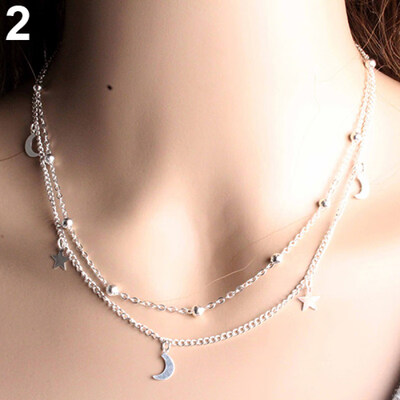 

Womens Vintage Simple Multilayer Crescent Star Bead Polished Short Necklace