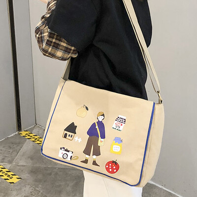 

Canvas Baggage Girls One Shoulder Ins Slant Dual-purpose Student Japanese Harbour Graffiti Retro-Gusen Chic Port Wind Baggage