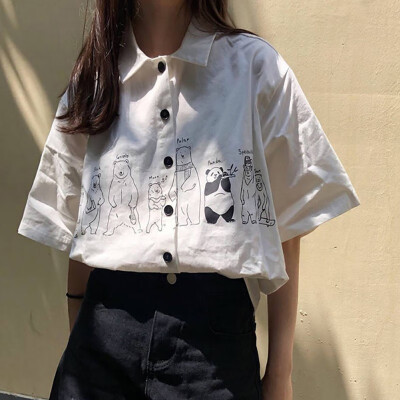 

Women Blouses Cartoon Panda Bear Print Top Female Short Sleeve Blouse Shirts Ladies Clothing Cotton Fashion Womens Shirts