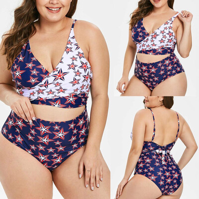 

Roseonmyhand Fashion Women Plus Size Flag Print Beach Bikini Tankini Swimwear Bodysuits