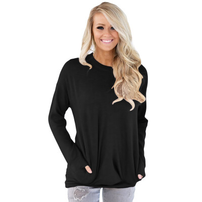 

Solid color round neck long sleeve with pocket bottoming shirt casual simple shirt womens