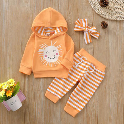 

US Newborn Baby Girl Boys Long Sleeve Top Stripe Headband Pant Autumn Sets 0-18M