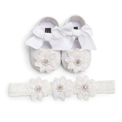 

Toddler Kids Baby Girls Boys Bowknot Shoes Headband 2PCS Lace Floral Soft Shoes Spring First Walkers 0-18M baby Gifts
