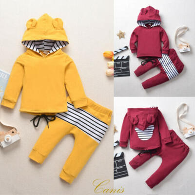 

Toddler Kid Baby Girl Boy Hooded Tops Sweatshirt Striped Pants Outfit Clothes US