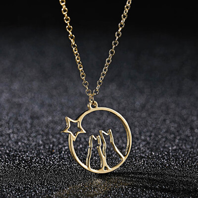 

Alloy Simple Double Cat Necklaces Pendants for Women Hollow Love Heart Chain Jewelry Fashion Round Charm Necklace Gold Collier