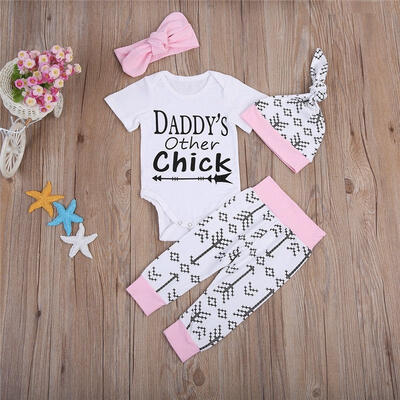 

4PCS Set Newborn Baby Little Girl Romper TopsLong Pants Hat Outfits Set Clothes