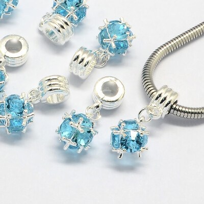 

Alloy European Dangle Beads with Rhinestones Large Hole Pendants Round Silver Aquamarine 28mm Hole 5mm