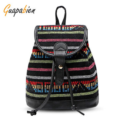 

Guapabien Women Drawstring Hasp Ethnic Style Canvas PU Leather Patchwork Backpack