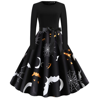 

Fashion Women Halloween Long Sleeve Dress Pumpkin Skull 3D Print Dress Round Collar Casual Christmas Festival Dresses